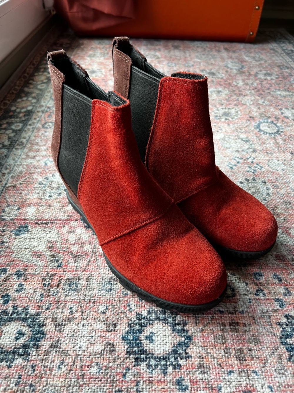 Sorel Red and Brown Suede Chelsea Ankle Boots